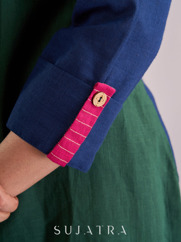 Striking Navy Blue & Green Dual-Tone Kurta with Contrasting Pink Collar