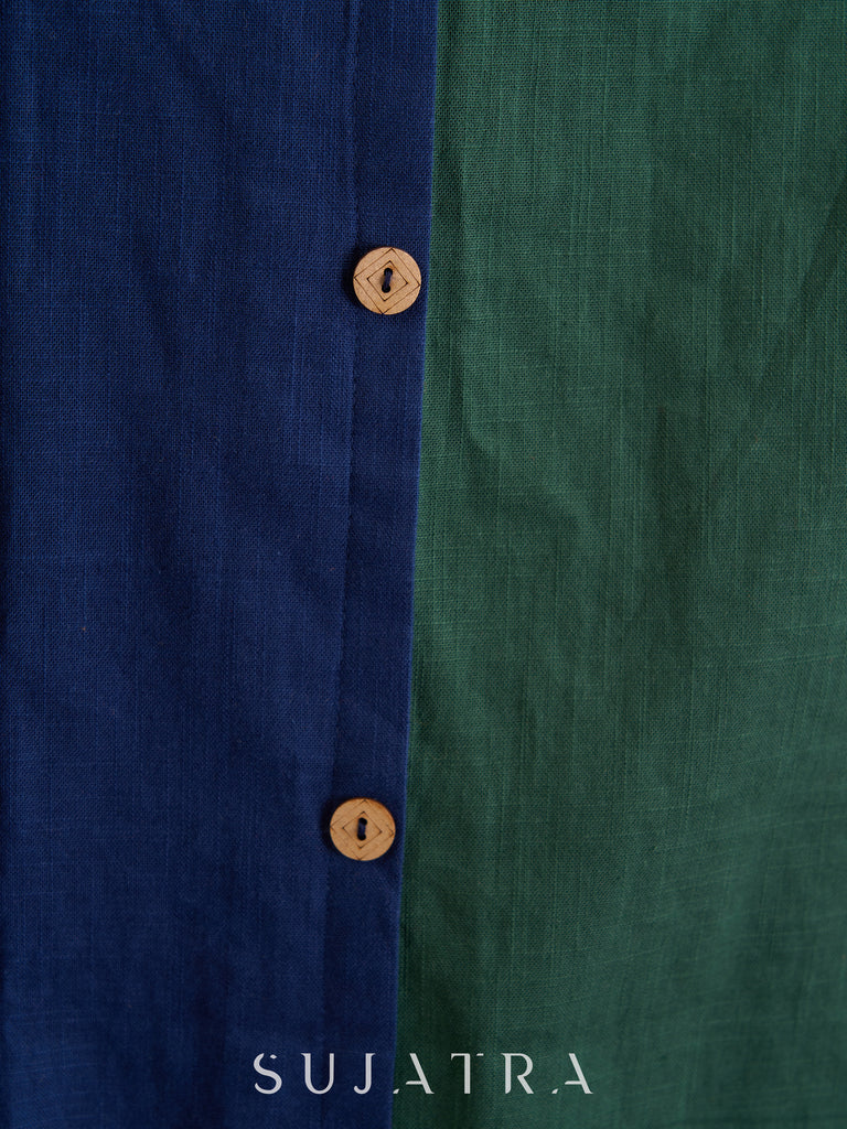 Striking Navy Blue & Green Dual-Tone Kurta with Contrasting Pink Collar