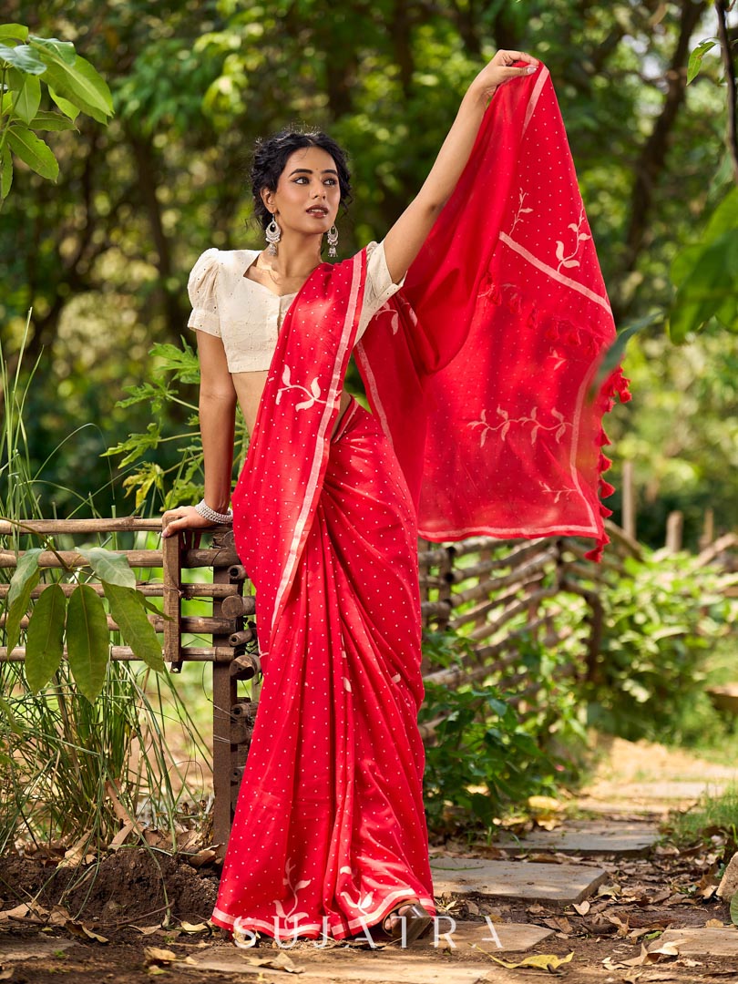 Striking Red Cotton Saree with Minimal Floral & Polka Print