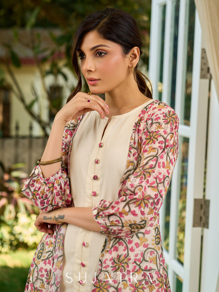 Structured Off-White Cotton Flex Sleeveless Dress with Delicate Contrast Floral Button Detailing - Jacket Optional