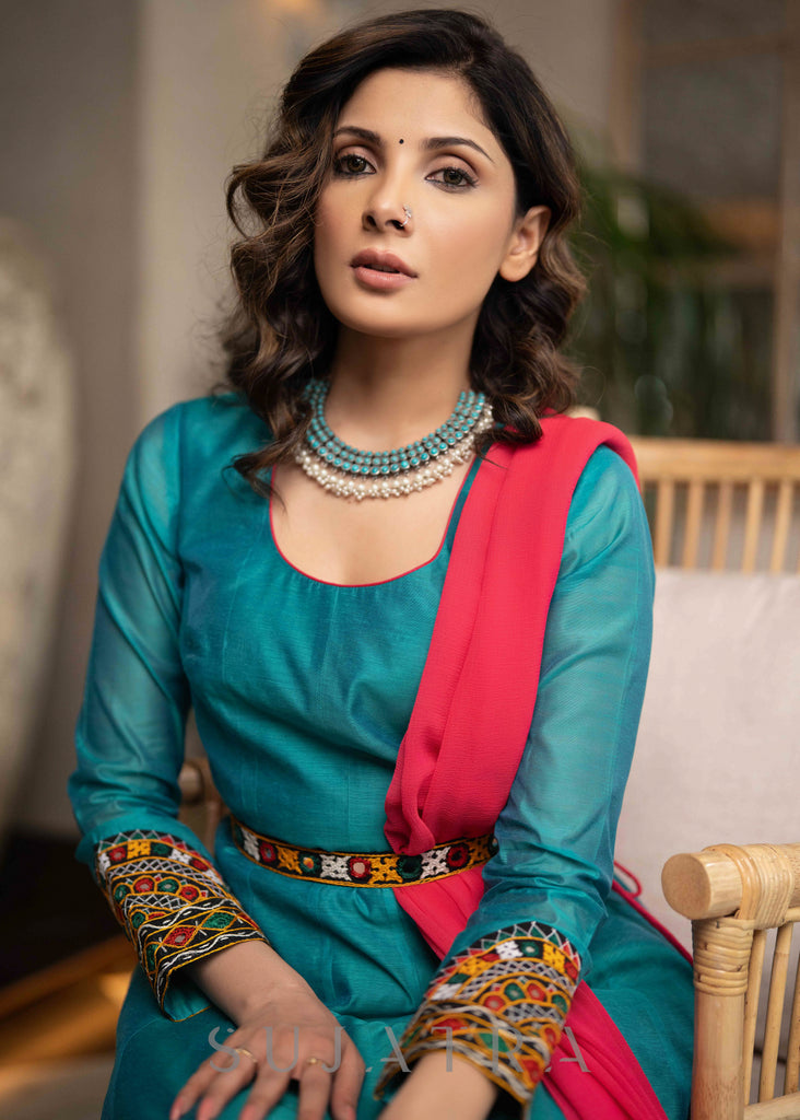 Beautiful Turquoise Chanderi Anarkali Kurta With Mirror Borders & Pant - Dupatta Optional