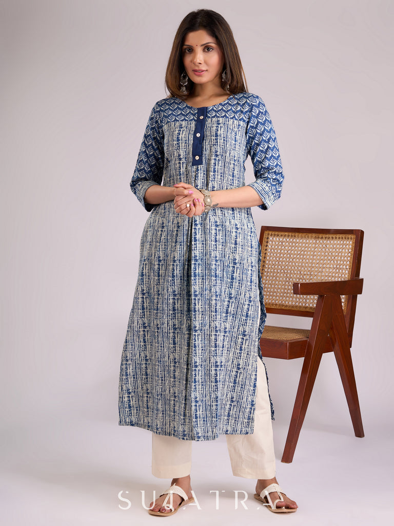Indigo Kurta with Elegant Geometric & Floral Prints