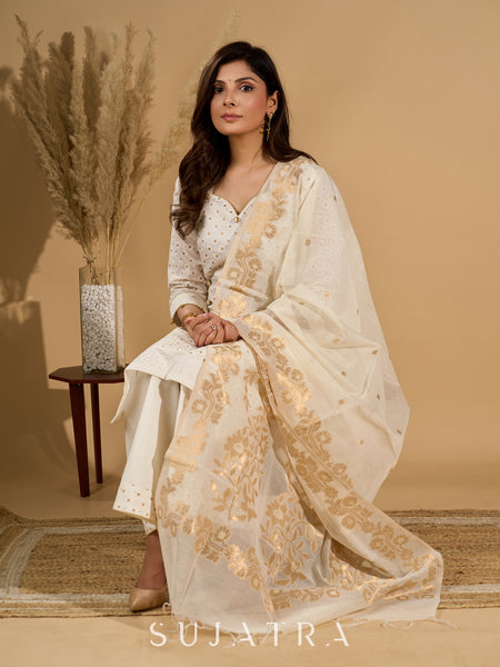 Ethereal Ivory Kurta Set with Silk Jacquard Dupatta with Golden Zari