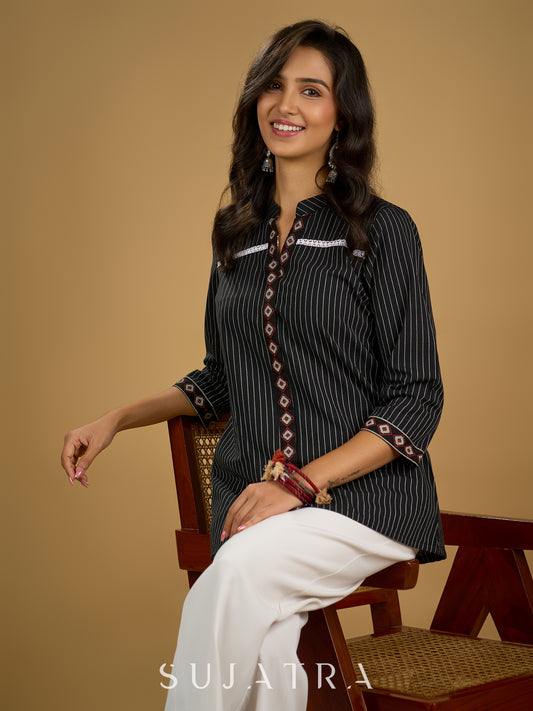 Classy black cotton ikat top with stylish lace details