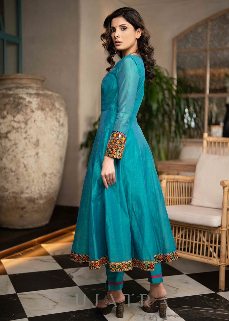 Beautiful Turquoise Chanderi Anarkali Kurta With Mirror Borders & Pant - Dupatta Optional