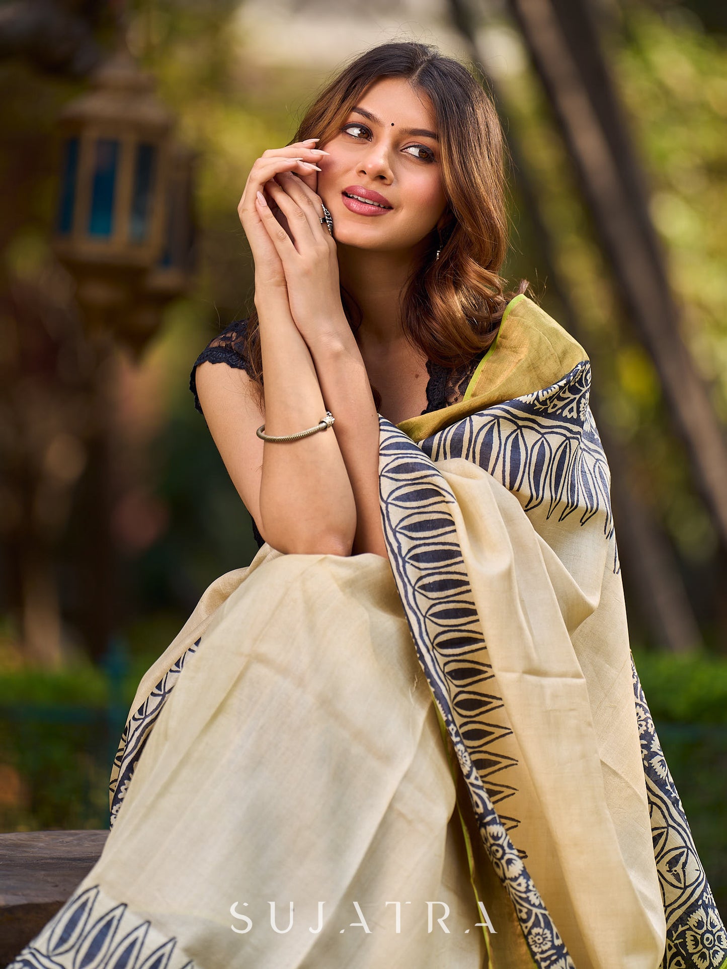 Ivory Handwoven Tussar Silk Saree with Traditional Gold Zari Detailing