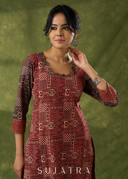 Maroon Scallop Neck Cotton Ajrak Kurta - Pant Optional