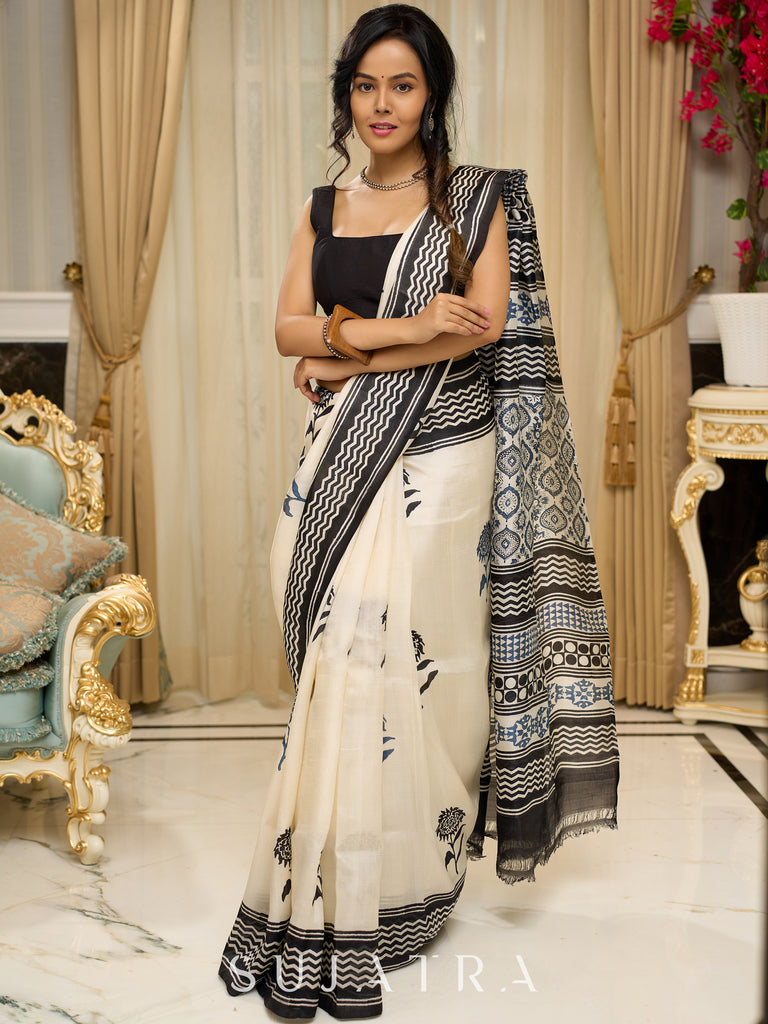 Pure silk saree with bold black block prints and timeless grace