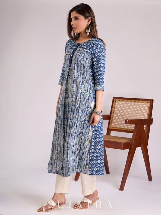 Indigo Kurta with Elegant Geometric & Floral Prints