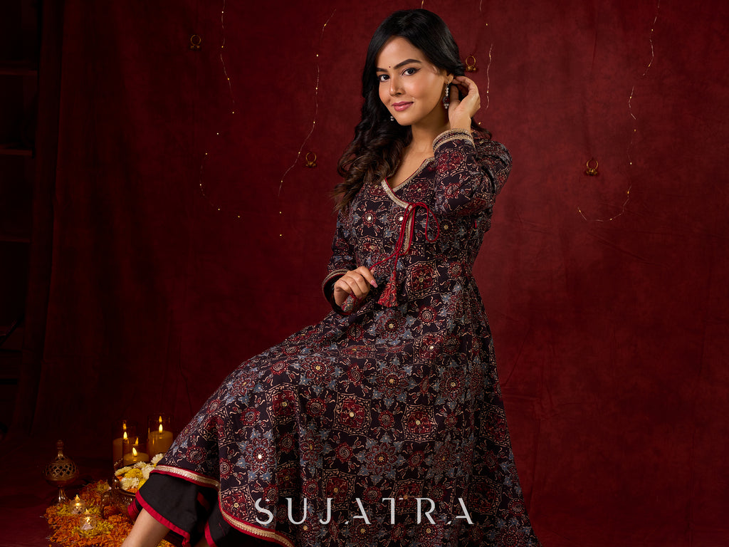 Timeless Black Ajrakh Flared Anarkali with Subtle Artisanal Hand Embroidered Touch
