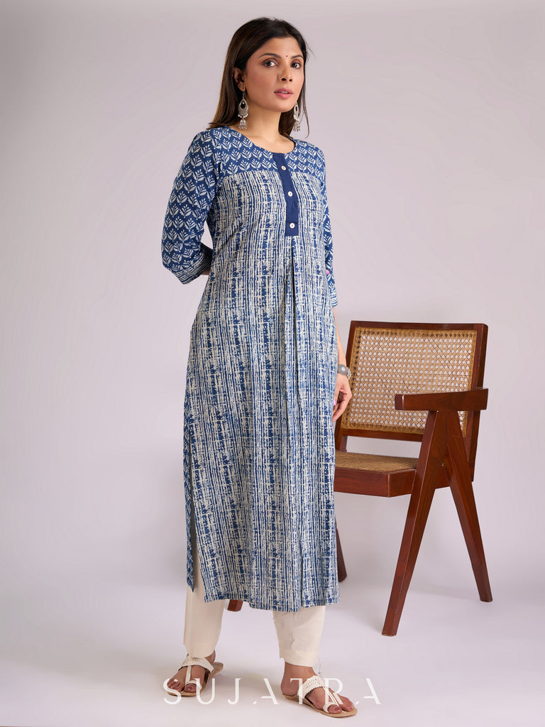 Indigo Kurta with Elegant Geometric & Floral Prints