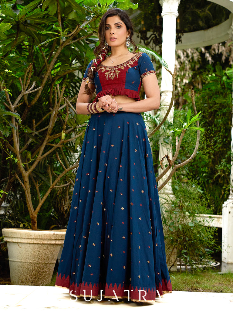A Modern Royal ensemble - Stunning Jamdani Lehenga Choli with a monochrome blue base & contrast maroon and all over Zardosi embroidery - Shaded Dupatta Optional