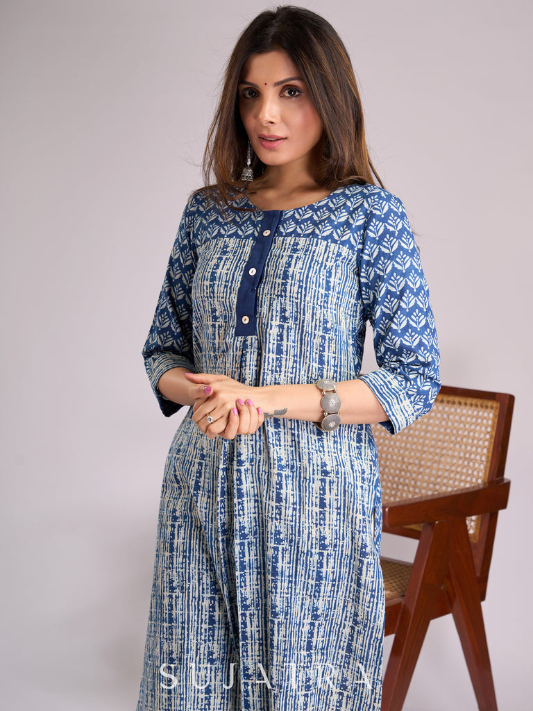 Indigo Kurta with Elegant Geometric & Floral Prints