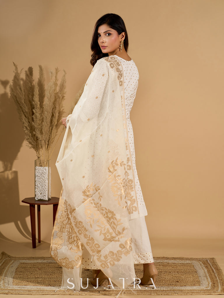 Ethereal Ivory Kurta Set with Silk Jacquard Dupatta with Golden Zari