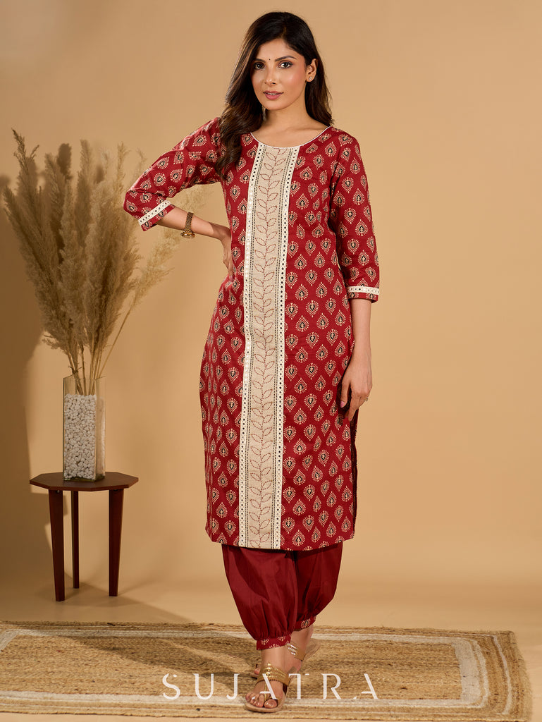 Scarlet Serenity Mirror Accent Kurta Set with Kantha Border and Dupatta