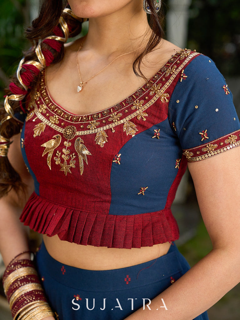 A Modern Royal ensemble - Stunning Jamdani Lehenga Choli with a monochrome blue base & contrast maroon and all over Zardosi embroidery - Shaded Dupatta Optional