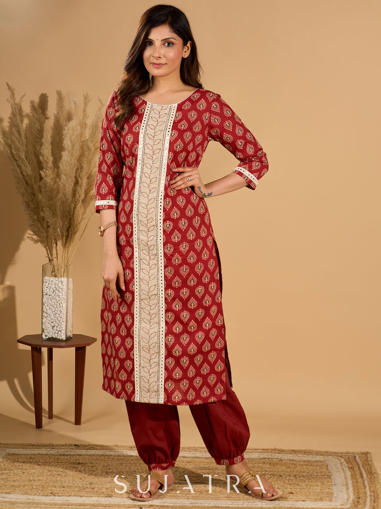 Scarlet Serenity Mirror Accent Kurta Set with Kantha Border and Dupatta
