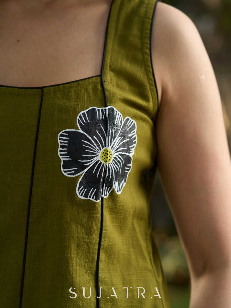 Olive Green Sleeveless Cotton Panel Dress with Delicate Hand-Painted Flowers