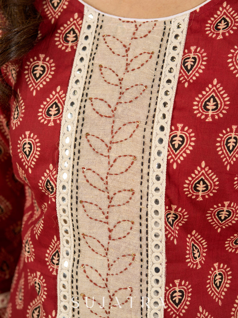 Scarlet Serenity Mirror Accent Kurta Set with Kantha Border and Dupatta