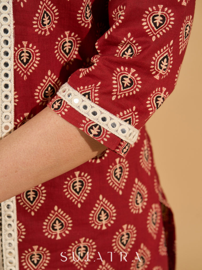 Scarlet Serenity Mirror Accent Kurta Set with Kantha Border and Dupatta