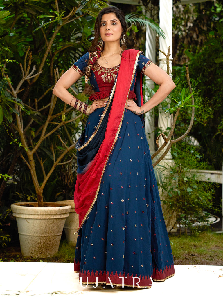A Modern Royal ensemble - Stunning Jamdani Lehenga Choli with a monochrome blue base & contrast maroon and all over Zardosi embroidery - Shaded Dupatta Optional