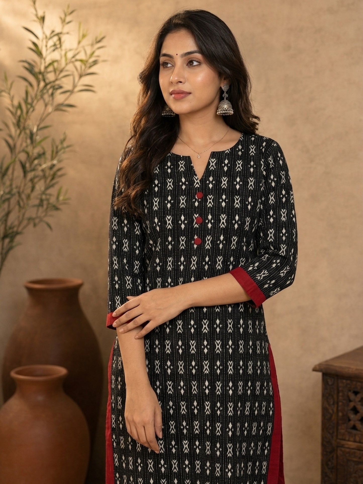 Bold Black Kantha Printed Cotton Kurta with Maroon Accents