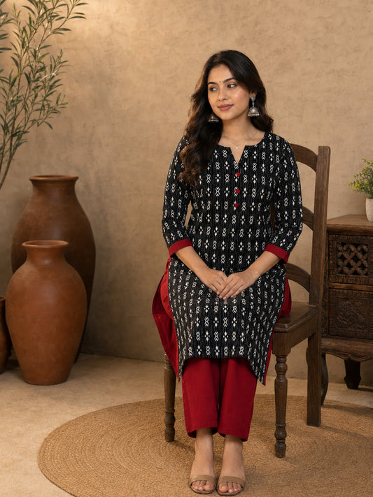 Bold Black Kantha Printed Cotton Kurta with Maroon Accents