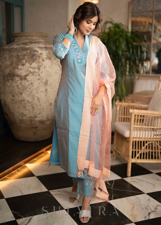 Beautiful Firozi Blue Chanderi Kurta With Glass Beadwork On Neckline & Sleeves