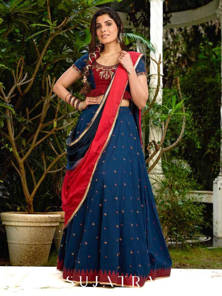 A Modern Royal ensemble - Stunning Jamdani Lehenga Choli with a monochrome blue base & contrast maroon and all over Zardosi embroidery - Shaded Dupatta Optional