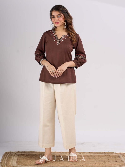 Classic Brown Cotton Top with Contemporary Neckline Highlighted with Ajrakh Border