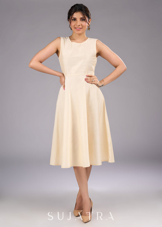 Elegant Cream Cotton Silk Sleeveless Dress - Embroidered Shrug optional