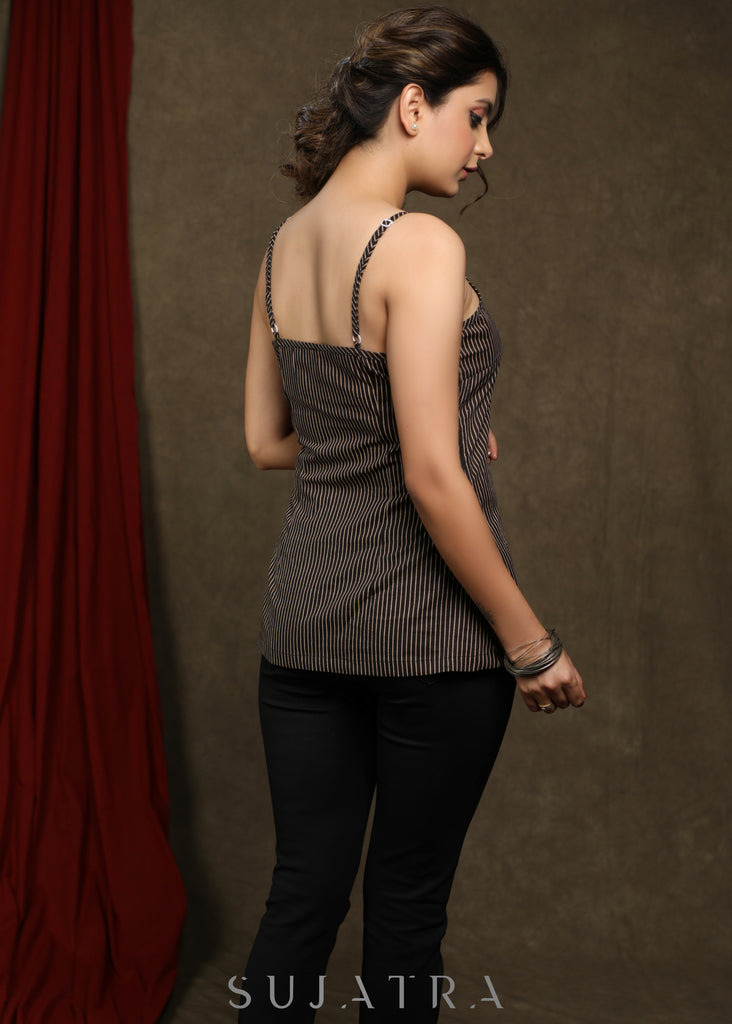 Black Cotton Silk front open tunic with Striped inner