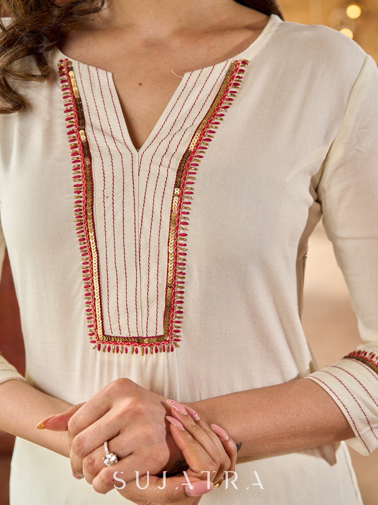 Hand embroidered off-white rayon kurta with delicate artistic detailing-pant optional