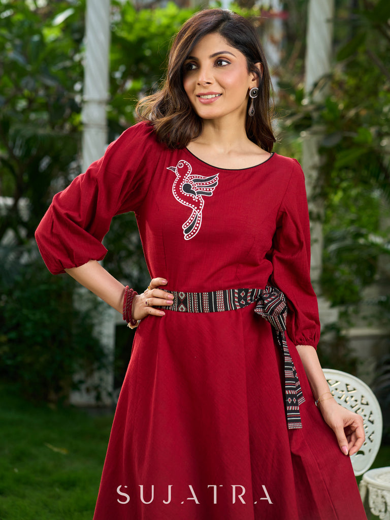 Mystical Maroon Cotton Boat Neck Flared Dress with Artistic Bird Hand-Painting and Contrasting Black Belt