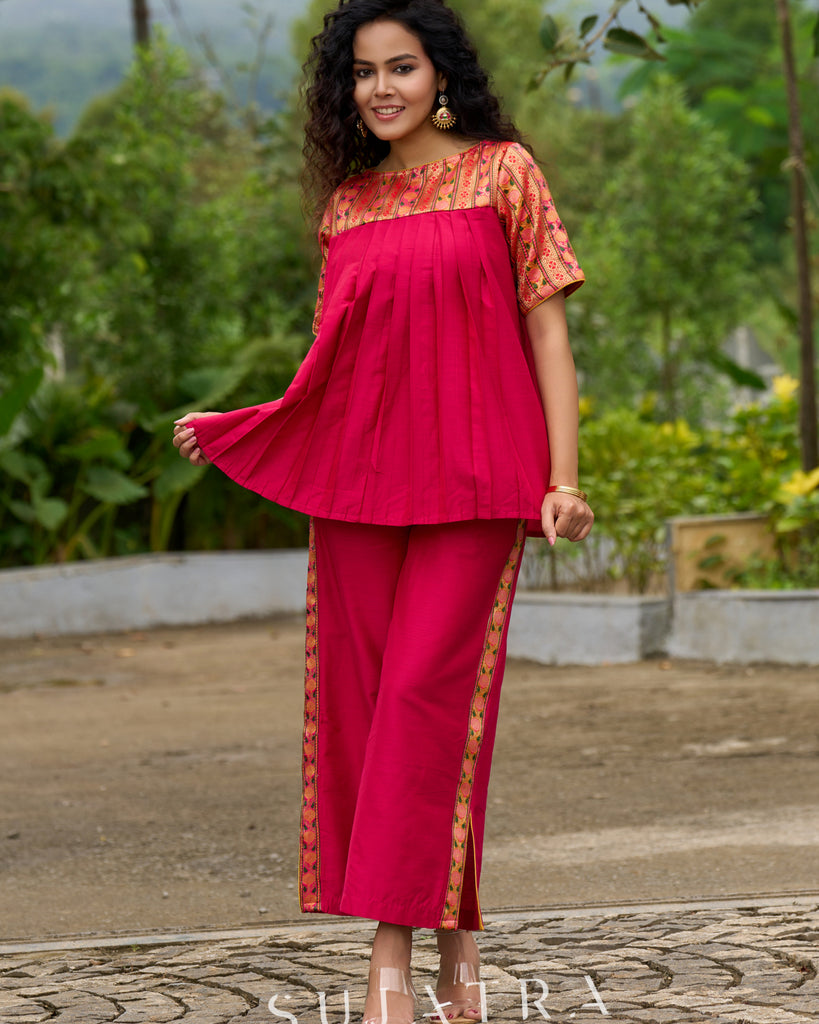 Blush Brocade Pleated Cotton-Silk Top with Additional Slit Pants