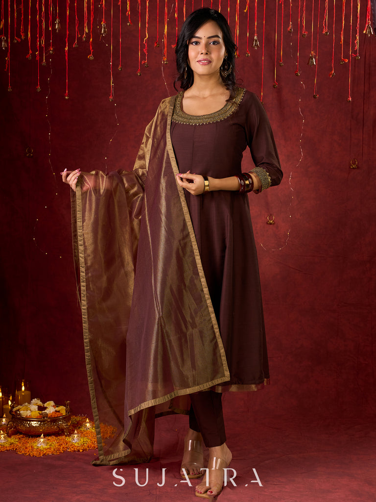 Exquisite Dark Brown Cotton Silk Kali Anarkali with Minimal Hand-Embroidered Neckline & Sleeves