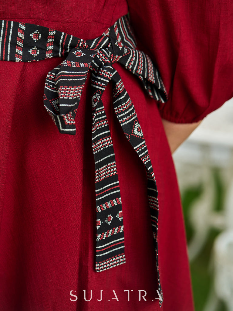 Mystical Maroon Cotton Boat Neck Flared Dress with Artistic Bird Hand-Painting and Contrasting Black Belt