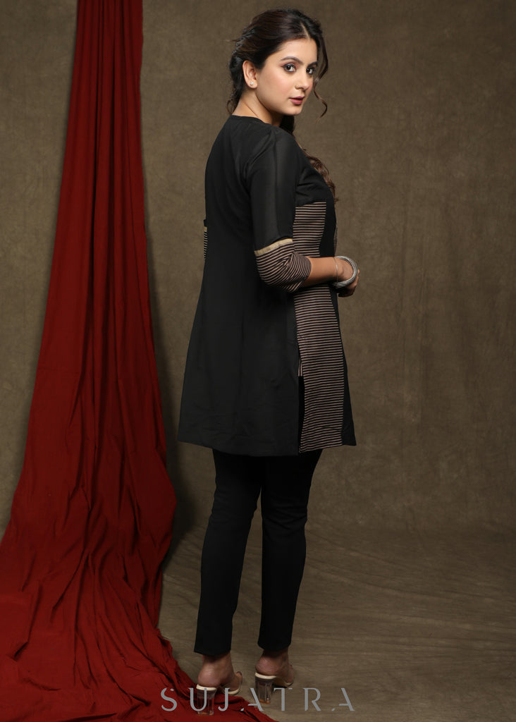 Black Cotton Silk front open tunic with Striped inner