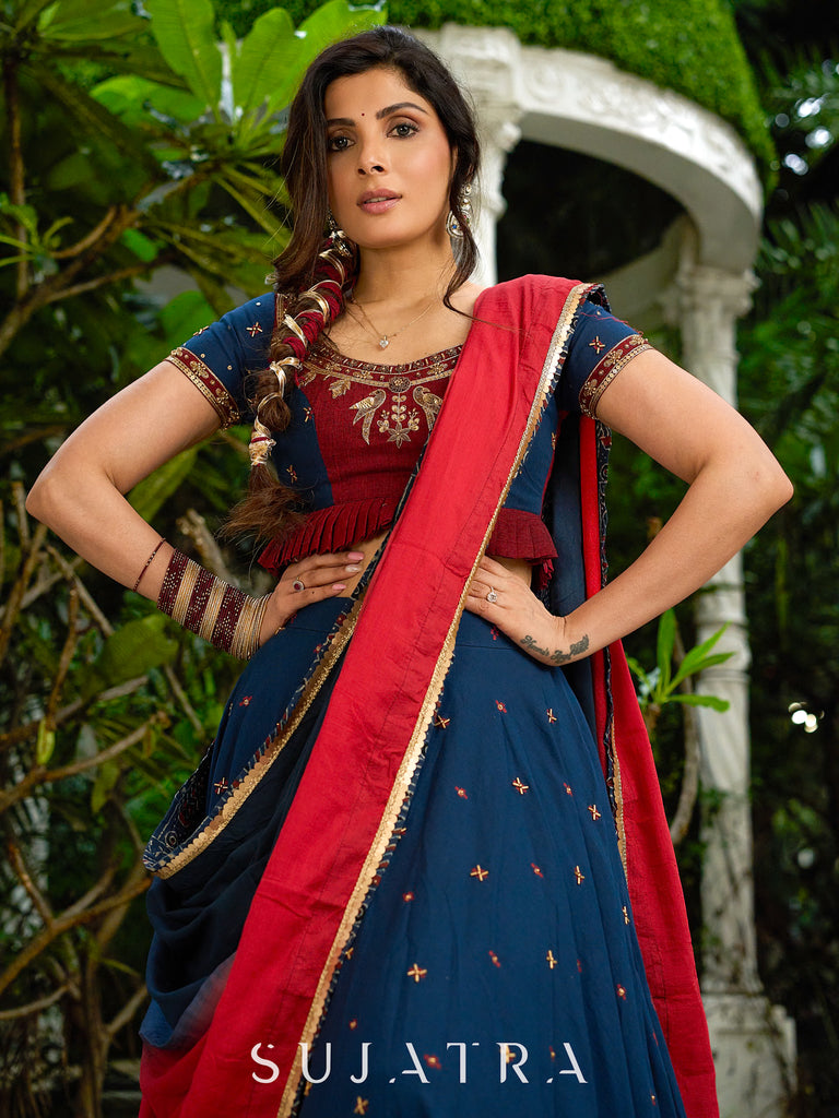 A Modern Royal ensemble - Stunning Jamdani Lehenga Choli with a monochrome blue base & contrast maroon and all over Zardosi embroidery - Shaded Dupatta Optional