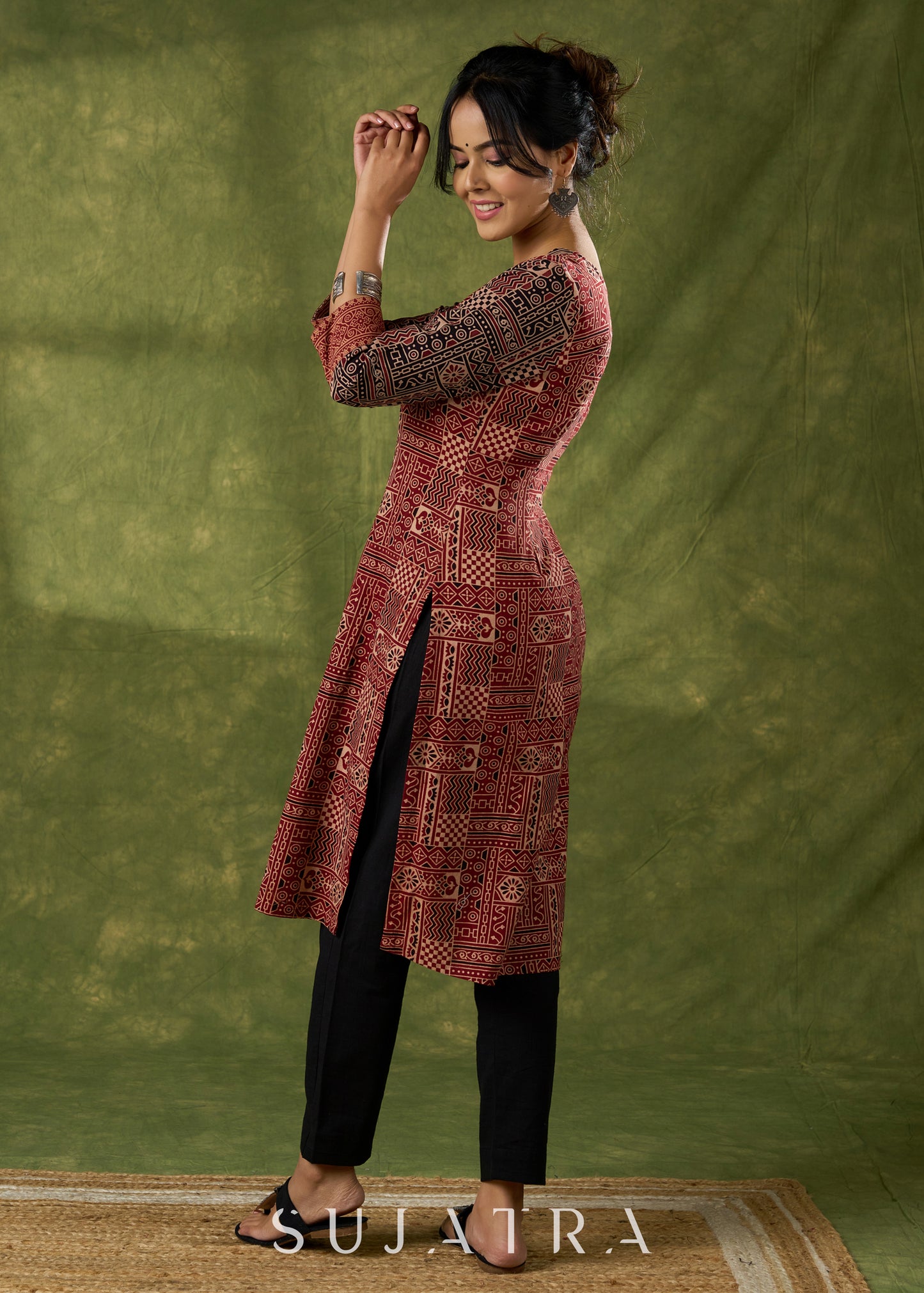 Maroon Scallop Neck Cotton Ajrak Kurta - Pant Optional