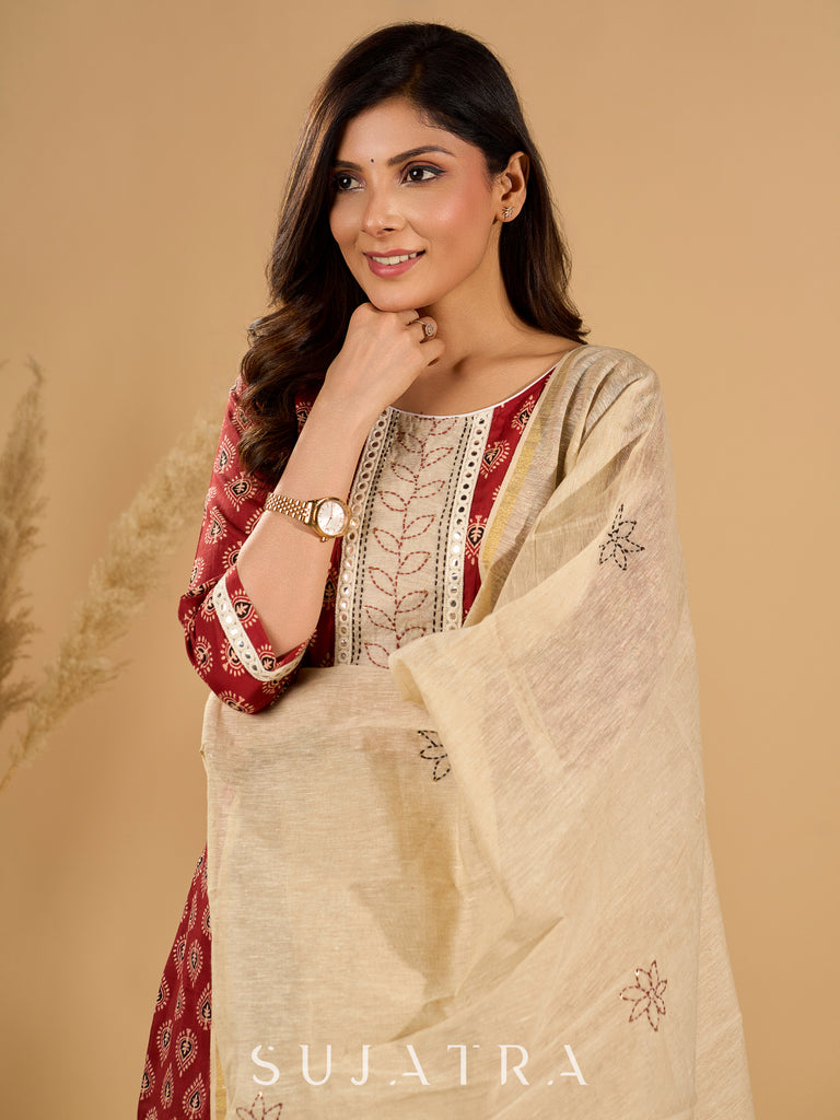 Scarlet Serenity Mirror Accent Kurta Set with Kantha Border and Dupatta