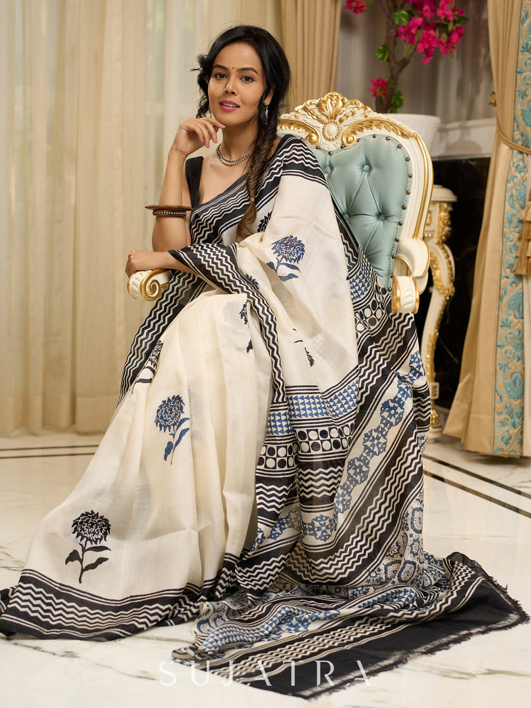 Pure silk saree with bold black block prints and timeless grace