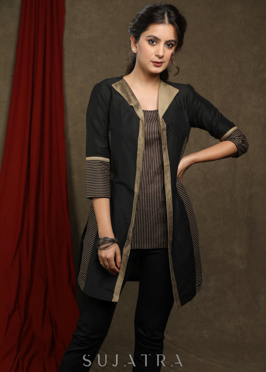 Black Cotton Silk front open tunic with Striped inner