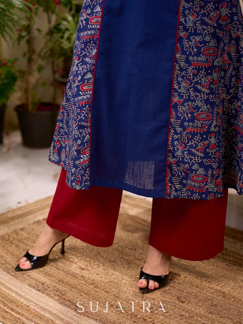 Solid Navy Blue Cotton Princess Panel A-line Kurta with Ethnic Warli Print