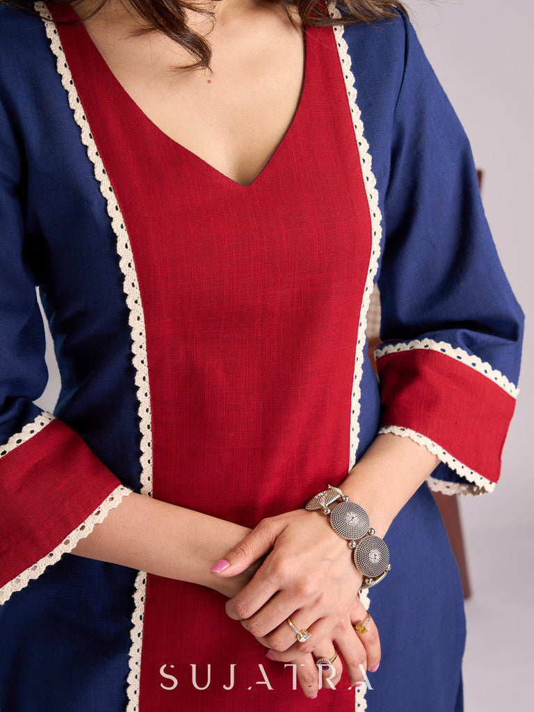 Graceful Blue & Maroon Cotton Panel Kurta Adorned with Intricate Crochet Lace