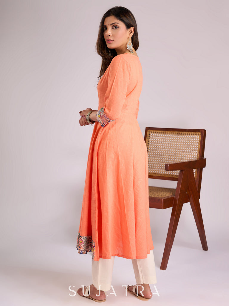 Elegant Peach Cotton Kurta with Madhubani Border & Hand Painted Neckline Detailing