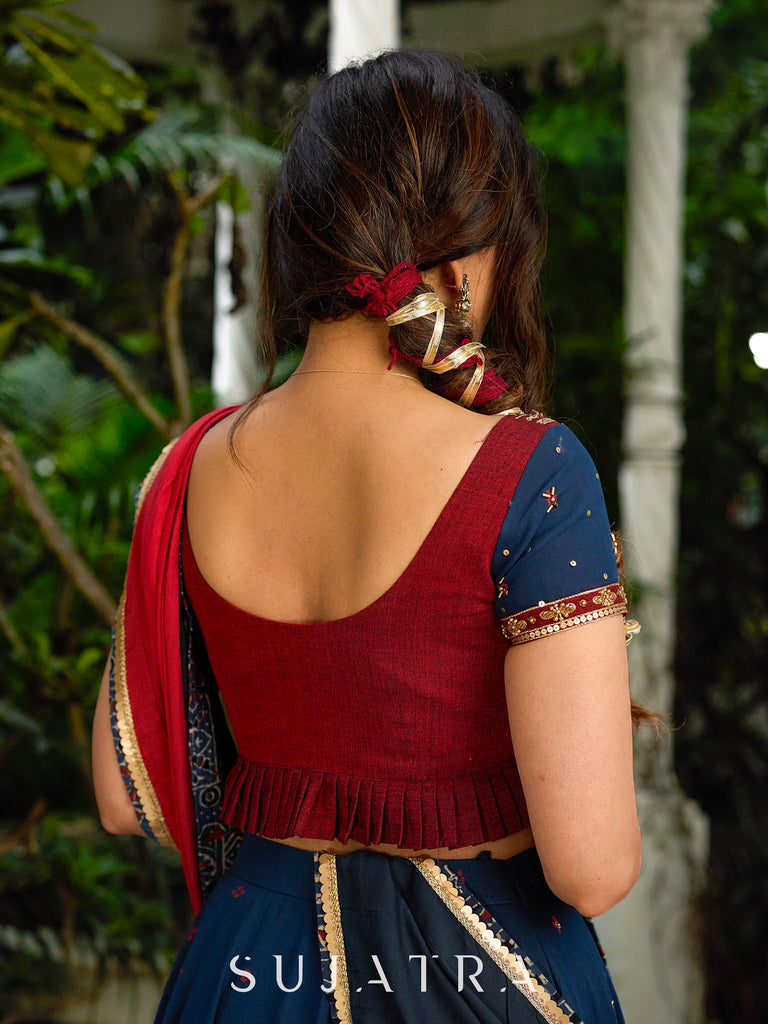 A Modern Royal ensemble - Stunning Jamdani Lehenga Choli with a monochrome blue base & contrast maroon and all over Zardosi embroidery - Shaded Dupatta Optional
