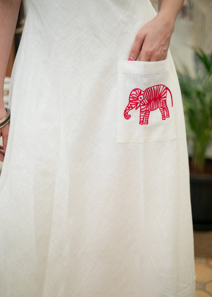 Trendy White Cotton Strappy Embroidered Motif Dress with Inner
