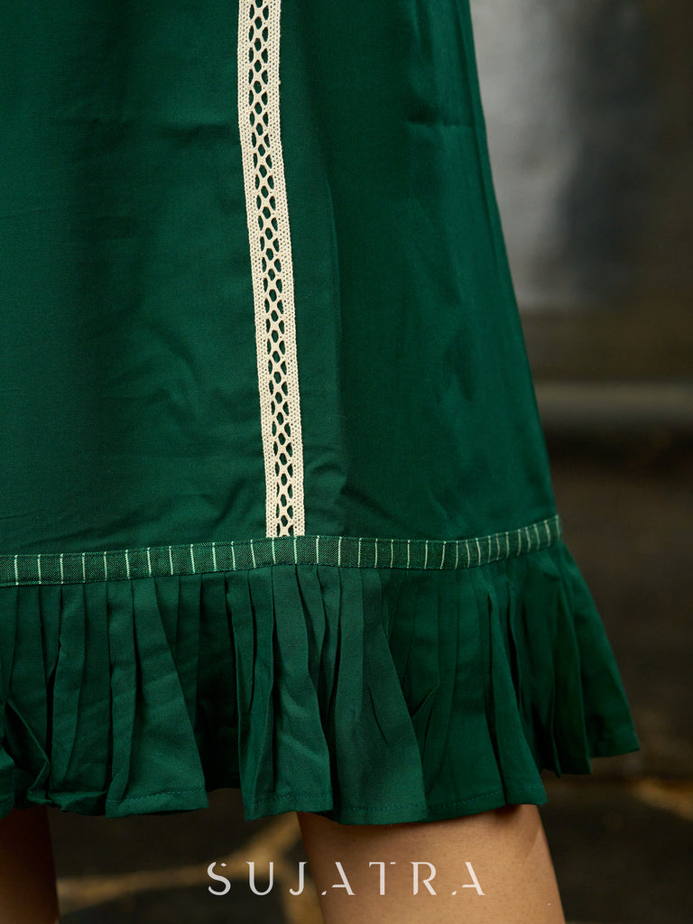 Evergreen Elegance Green Statement Sleeve Dress with Crochet Details