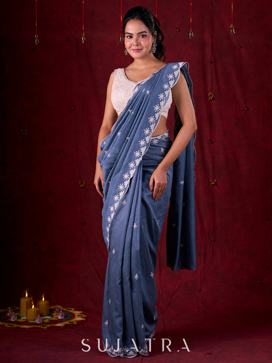 Steel Grey Chanderi Saree with Delicate Embroidered Butta & Scalloped Detailing